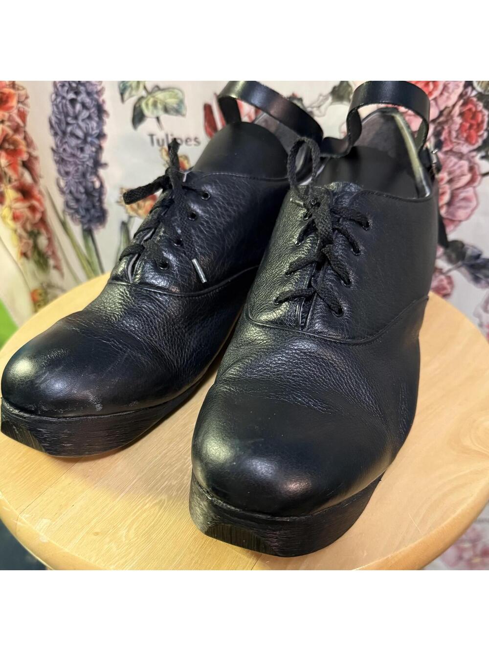 Vintage Halmor Irish Dance Hard Shoes Black Leather Wood Sole Lace Up Ghillies